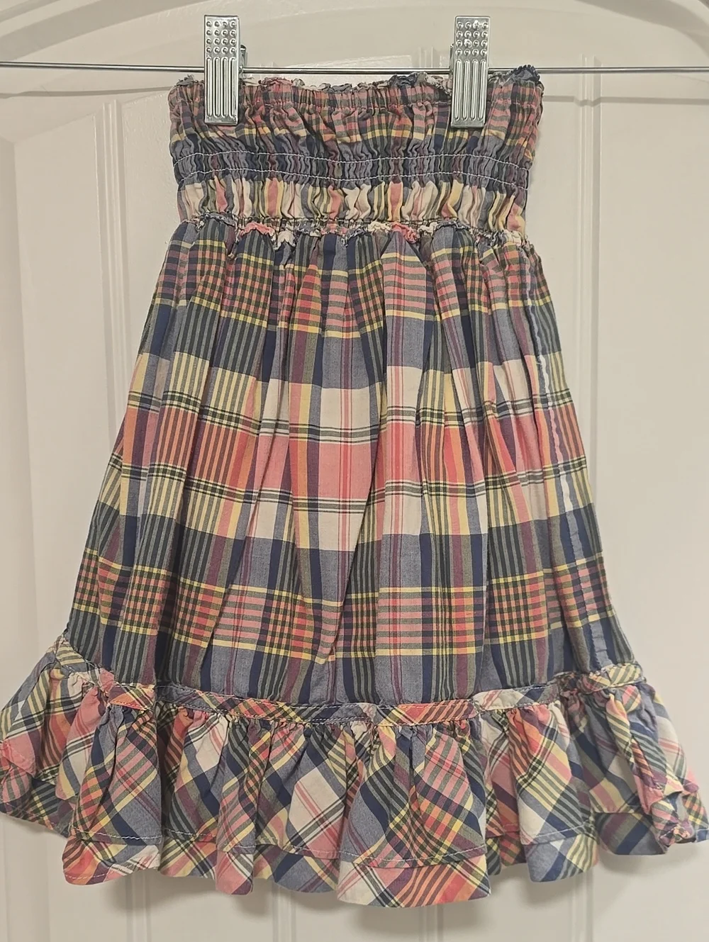 RALPH LAUREN Pink, Navy & Cream Plaid Smocked Ruffle Strapless Dress
